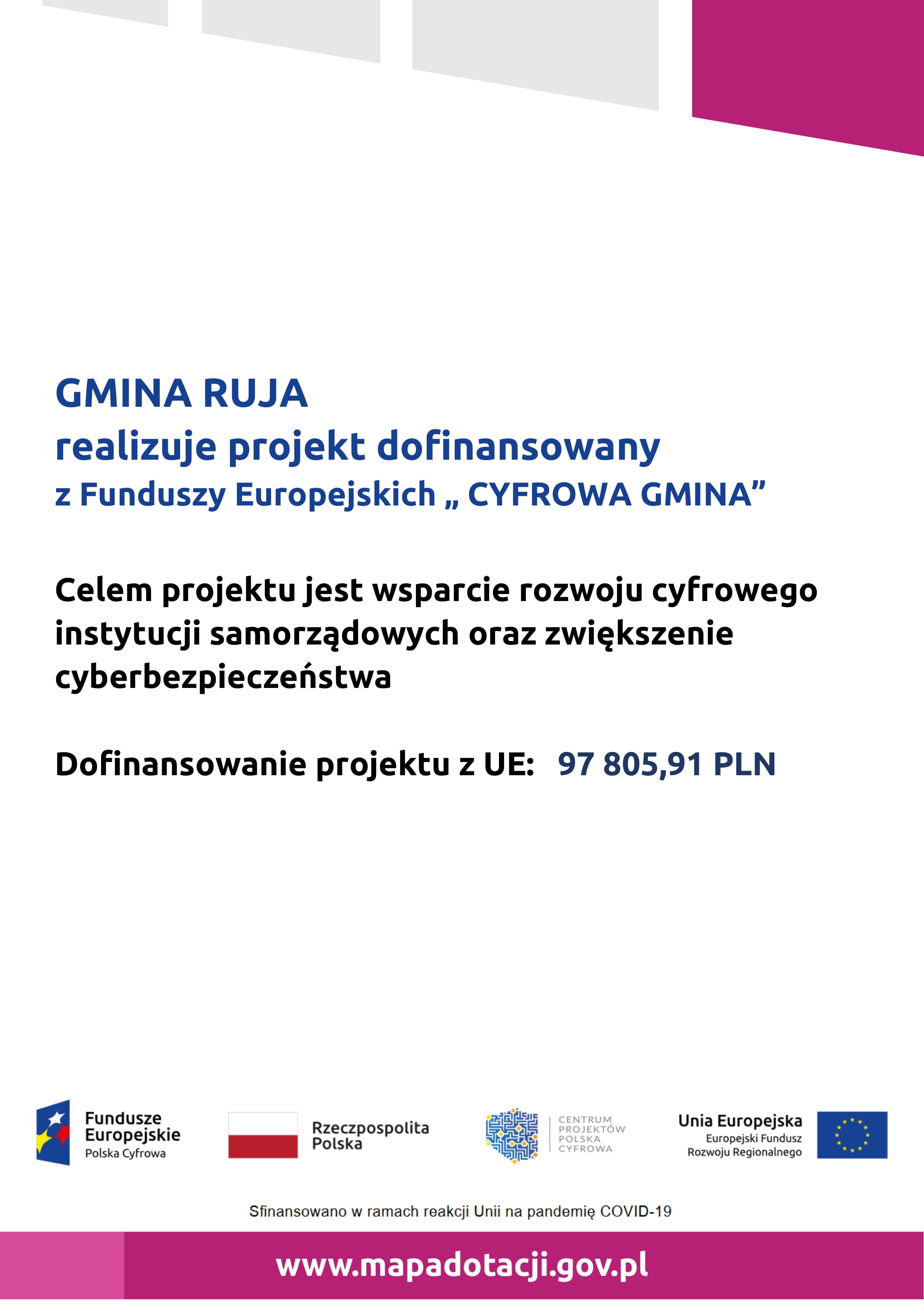Gmina Ruja realizuje projekt dofinansowany z Funduszy Europejskich "CYFROWA GMINA"